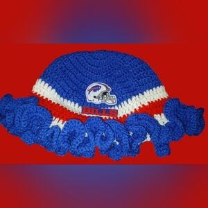 NWT Handcrafted Women's Buffalo Bills Color Themef Crochet Ruffle Hat.